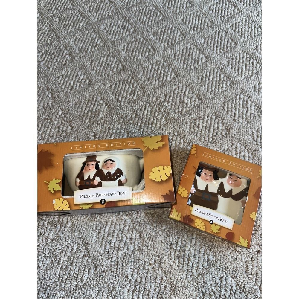 Publix The Pilgrim Pair Gravy Boat And Pilgrim Spoon Rest NEW